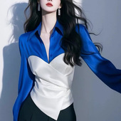 女上衣好看独漂亮收腰蓝白撞色衬衣女 高级感气质衬衫 春季 法式