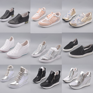 库存断码内增高女鞋春夏厚底真皮网面水钻休闲鞋韩版百搭显瘦单鞋