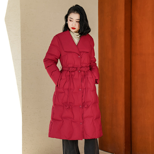 轻奢高品质纹理复古新年红新中式盘扣白鸭绒中长款女士羽绒服