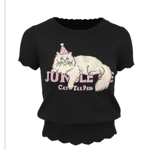 JUNGLE ME黑色小猫咪提花毛织显瘦精致花边收口短袖针织圆领上衣