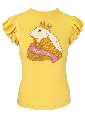 JUNGLE ME圆领黄色小飞袖针织上衣修身显瘦插画绣花针织衫减龄