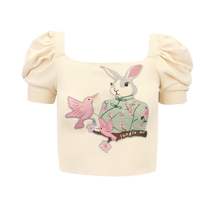 JUNGLE ME方领杏色气质针织短袖修身夏季透气女泡泡袖中式绣花