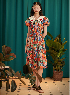 JUNGLE ME娃娃领收腰印花连衣裙女夏季新款泡泡袖温柔公主裙