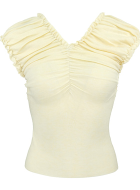 JUNGLE ME浅黄色法式V领上衣短款针织衫女修身抽褶木耳边减龄甜美