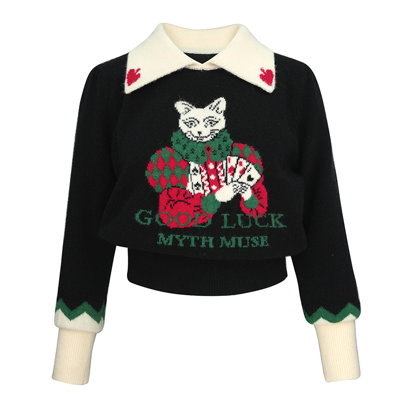 JUNGLEME复古小猫提花毛衣