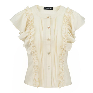 JUNGLE ME米杏色圆领法式荷叶边通勤衬衣飞飞袖木耳边复古宫廷风