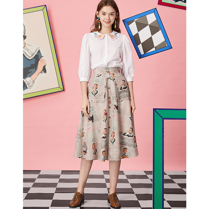 jungle me夏季薄款复古女郎人物印花高腰伞裙蓬蓬a字口袋半身裙