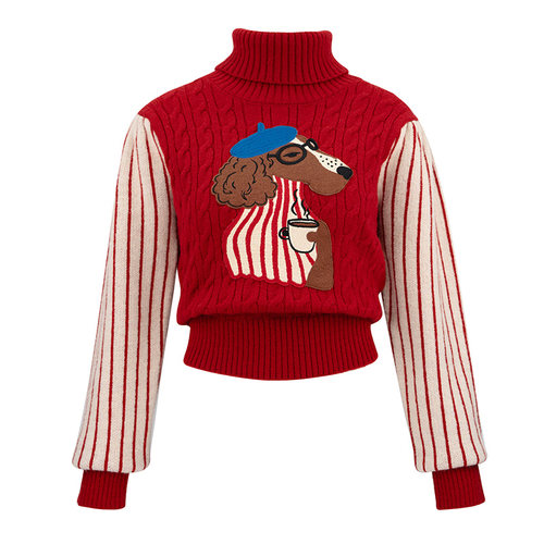 JUNGLE ME复古条纹提花新年红色高领毛衣卡通绣花套头拜年针织女