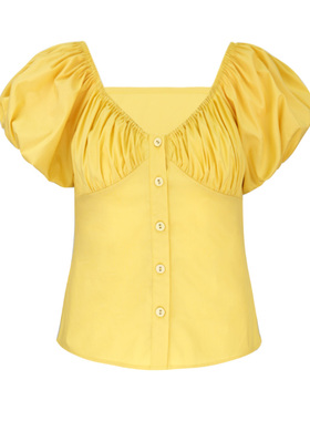 JUNGLE ME甜美V领减龄短袖泡泡袖新款黄色修身小衫前门襟纽扣上衣