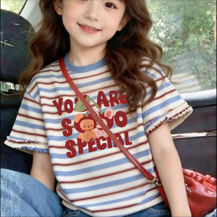 儿童短袖女孩洋气条纹T恤夏季中小童女童超好看花边圆领休闲上衣T