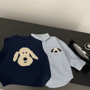 男童春秋季新款套装中小童韩版学院衬衫时尚绣花针织衫马甲两件套