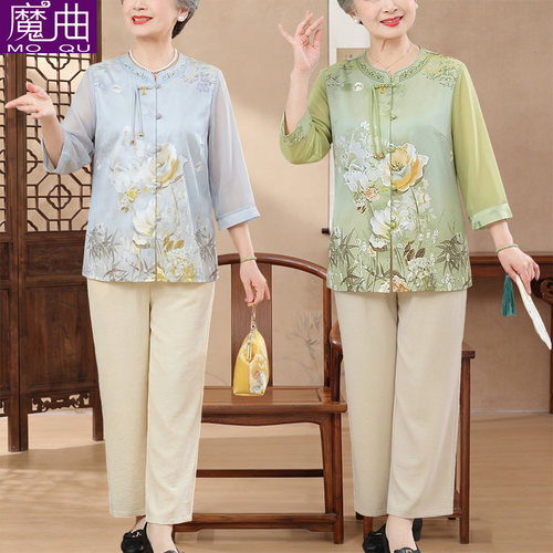 中老年人夏装衬衫女妈妈夏装中袖圆领奶奶开衫薄老人太太大码衣服