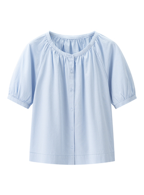 女装 2025夏季新款 圆领打褶短袖衬衣麻混纺泡泡袖衬衫  475655