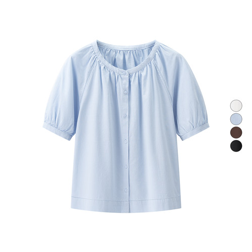 女装 2025夏季新款 圆领打褶短袖衬衣麻混纺泡泡袖衬衫  475655