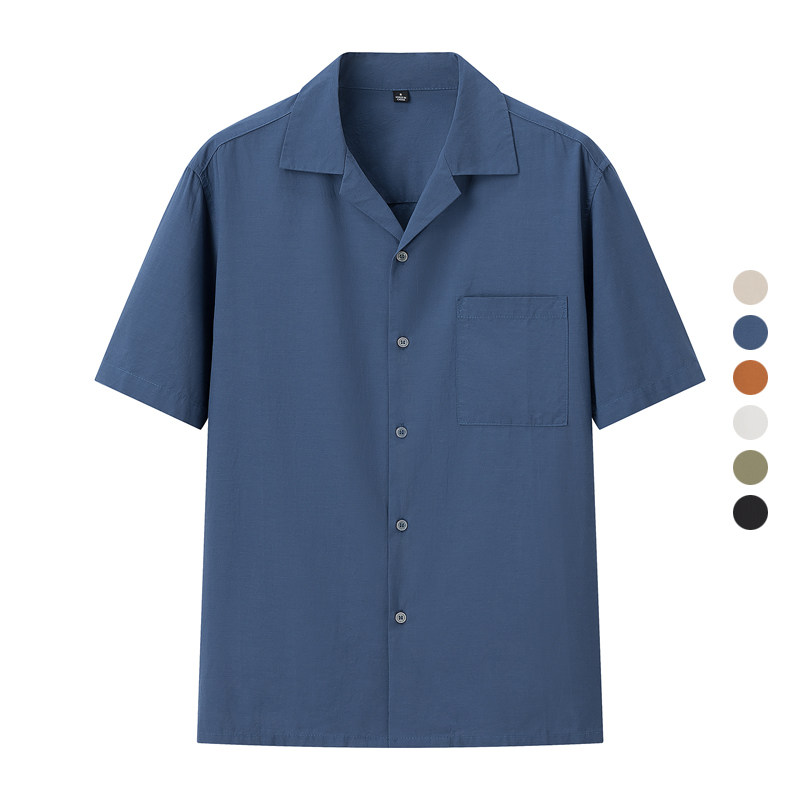 男装 2024夏季新款 古巴领衬衣棉混纺宽松翻领短袖衬衫 464938