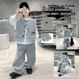 男童春装套装2026新款韩范儿童中大童卫衣马甲裤子三件套时髦洋气