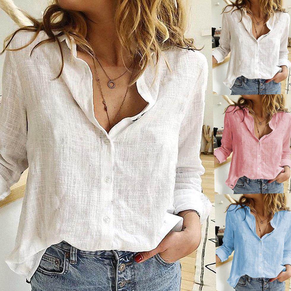 Top Loose Long Sleeve Cotton Linen Shirt Blouse