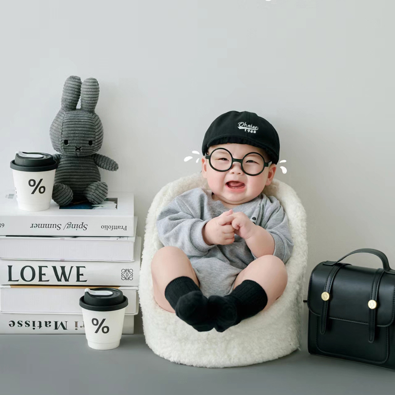 灰色美式学院风宝宝百天照周岁照拍照衣服道具婴儿百日照摄影服装