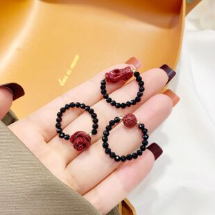 2021新款天然朱砂玫瑰花戒指本命年指环女貔貅食指合金幸运