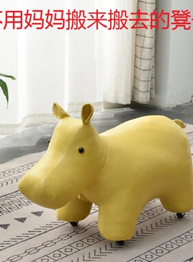 卡通河马动物凳家用客厅创意儿童滑行凳门口换鞋凳带滑轮静音矮凳