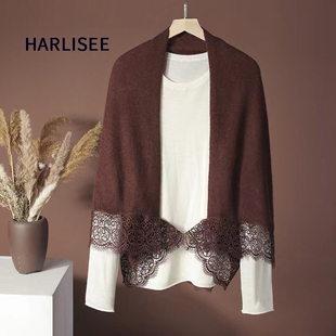 原单意大利LP羊绒披肩女秋冬季蕾丝边针织保暖洋气外搭斗篷开衫