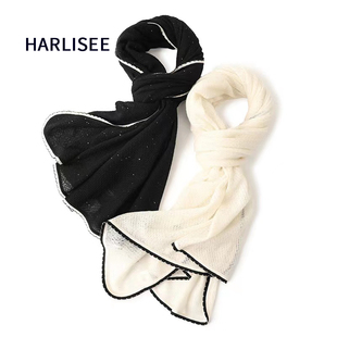 纯山羊绒围巾女秋冬新款 百搭镂空加亮片保暖围脖纯色白色精品披肩