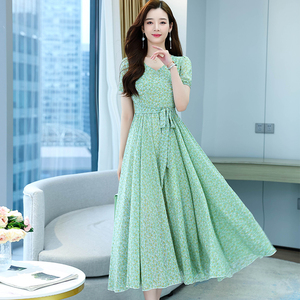 RY1659#V领雪纺连衣裙短袖收腰系带显瘦女夏气质裙子沙滩裙