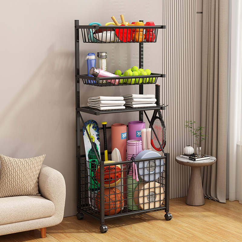 运动健身器材收纳层架筐家用哑铃壶铃架移动篮球泡沫轴瑜珈垫置物