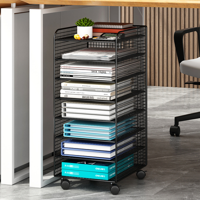 办公桌文件收纳层架落地桌下收纳柜置物架可移动文件架文件收纳盒带轮资料档案整理架文件夹A4纸分层书架小推