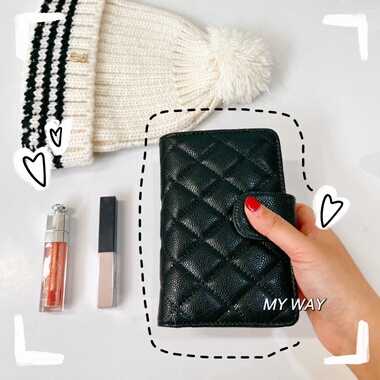 「MY WAY定制」鱼子酱牛皮菱格纹两折钱包黑色经典多卡位大容量