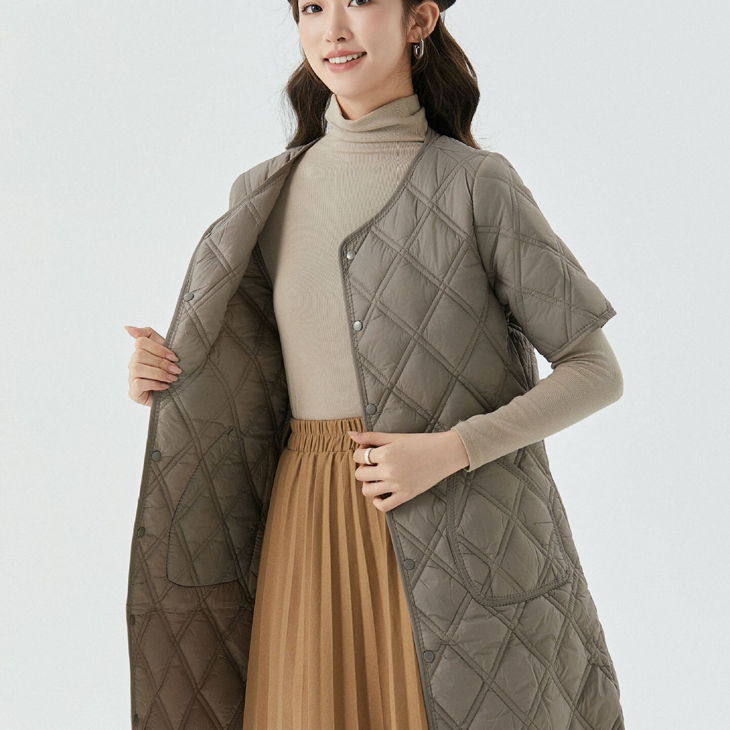 女士中长款轻柔保暖短袖棉女款家居棉衣上棉服加绒可外穿马甲2410