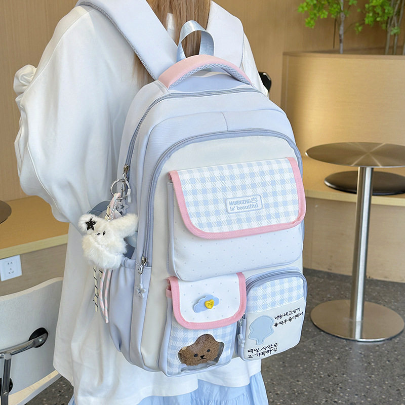新款书包女日系ins可爱多巴胺撞色学院风中小学生多隔层双肩背包