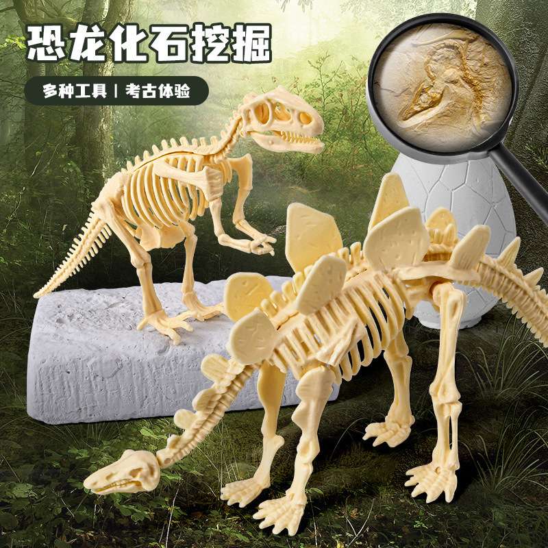 考古挖掘恐龙化石手工制作石膏骨架盲盒挖宝霸王龙玩具