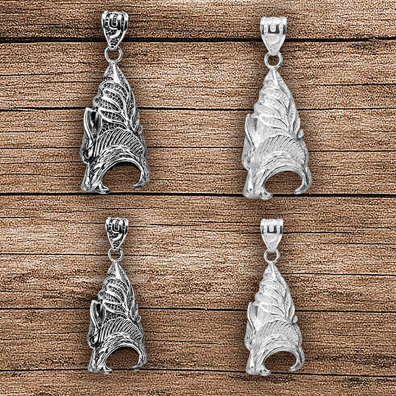 925纯银狗牙包银套 兽牙镶嵌配件蝙蝠款牙尖套黑狗吊坠纯银套diy