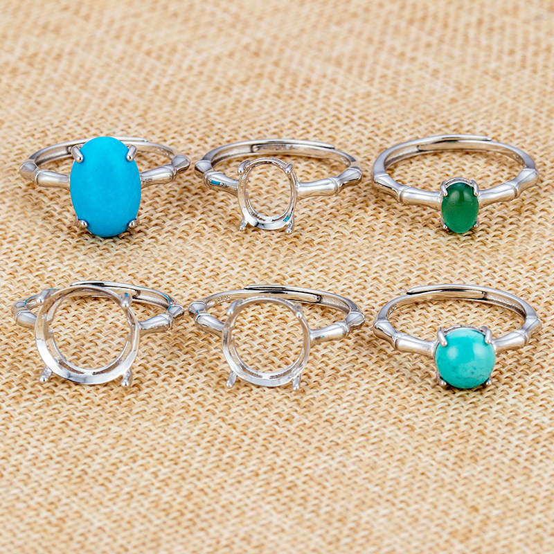 925纯银简约款戒托竹节款女戒托椭圆形翡翠宝石戒指空托