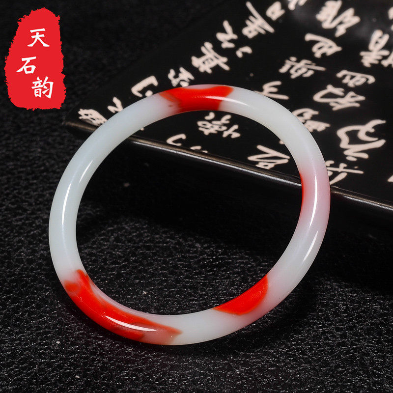 正品新疆和田玉金丝玉鸡血石玉飘花玉手镯女款细圆条戈壁玉镯子