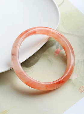 金丝玉手镯女款桃花酿玉镯子新疆天然玉石粉色水晶手饰时尚礼物