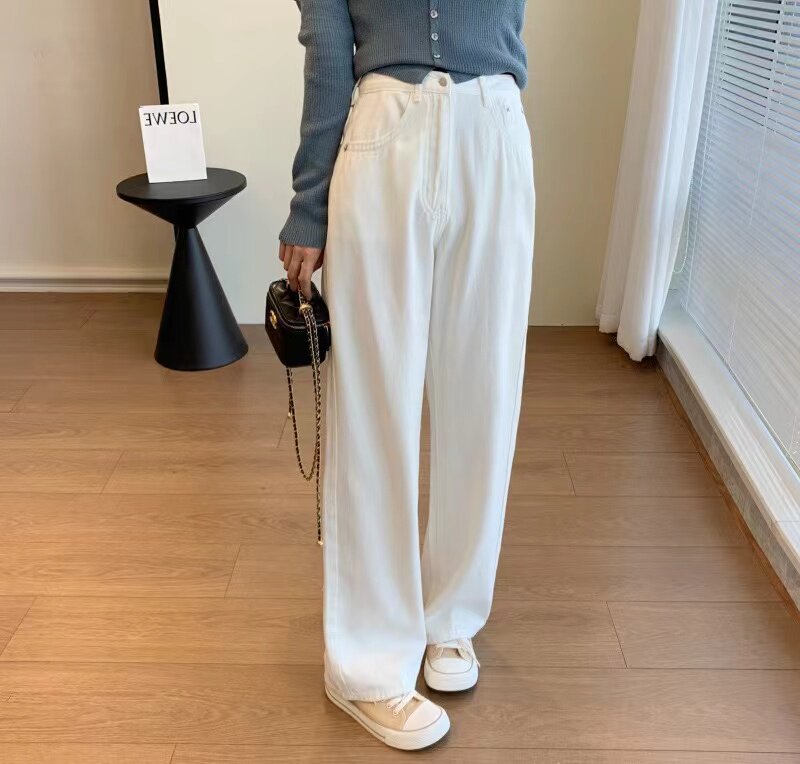 夏季薄款芝士白垂顺柔软高腰窄版阔腿裤女宽松百搭拖地直筒牛仔裤