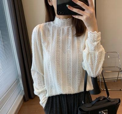 蕾丝半高领长袖打底衫女士