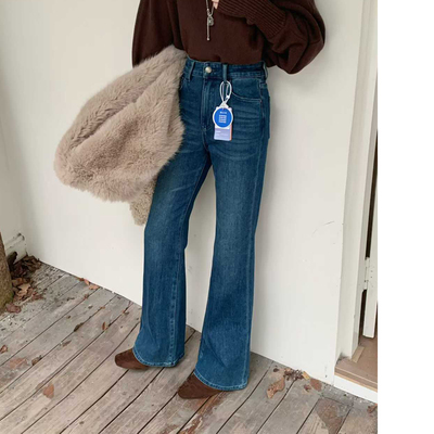 四面弹高腰显瘦加绒微喇牛仔裤女