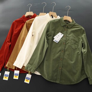 精梳棉细条纹灯芯绒加厚衬衫女秋冬气质合身叠穿百搭显瘦长袖衬衣