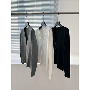 宽松百搭显瘦毛衣外套 女春季 老钱风row高级优雅中缝V领针织衫 开衫