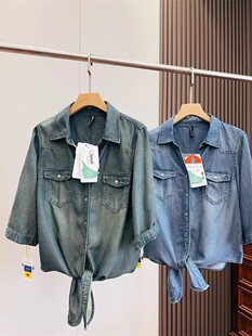 夏季100莱赛尔天丝超柔下摆打结五分袖宽松百搭显瘦薄牛仔衬衫女
