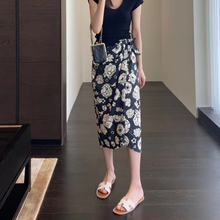 2024夏季法式山茶花一片式围裹印花裙高腰开叉半身裙女