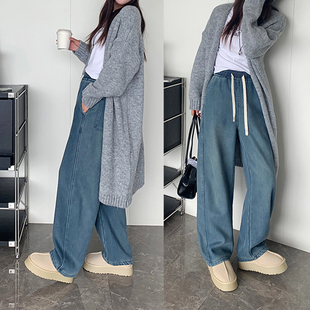 莱赛尔暖羊绒加厚绒高腰香蕉裤女宽松百搭显瘦拖地休闲直筒牛仔裤