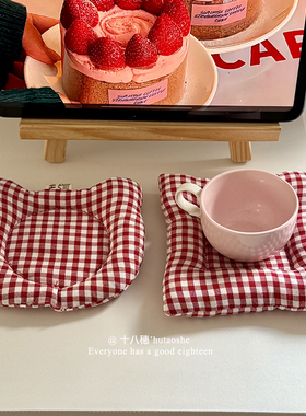 韩版ins红色格子夹棉餐桌隔热杯垫防烫纯色方形桌面装饰杯子垫
