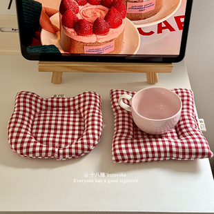 韩版ins红色格子夹棉餐桌隔热杯垫防烫纯色方形桌面装饰杯子垫