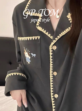 日本GP TOM灰色萌狗德绒睡衣女款秋冬保暖加厚休闲可爱家居服套装