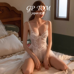 日本GP TOM性感睡裙女夏蕾丝纯欲风带钢圈聚拢网纱吊带裙甜美睡衣