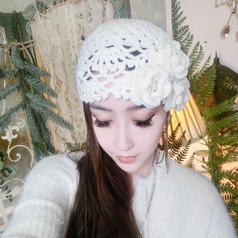 3原创手工钩花立体花朵毛线帽 针织帽复古头巾帽透气针织女帽 白色